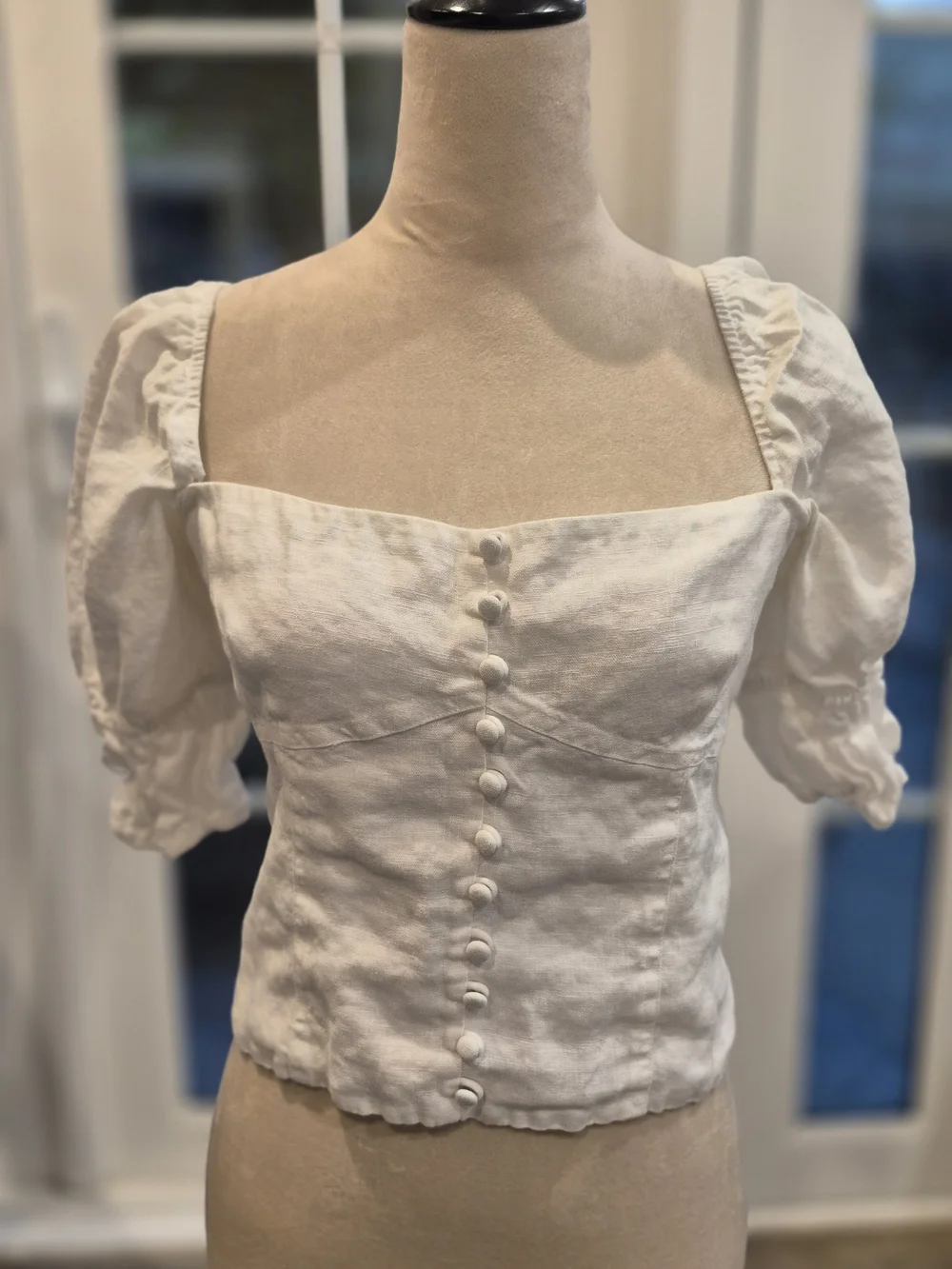Reformation Cream Linen Square-Neck Puff-Sleeve Button Top